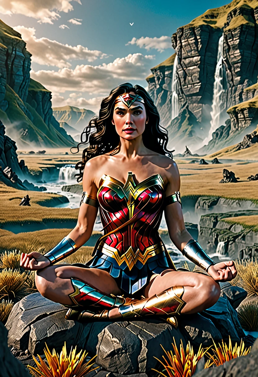 wonder woman is meditating.She is in a surreal landscape  ultra-detailed cinematic best quality