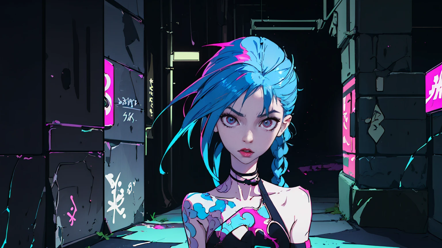 solo female, (masterpiece), best quality, expressive eyes, perfect face, Arcane style art, Dark lines, Jinx, League of legends, pale white skin, Skinny, character centered in image, blue hair, crazy facial expression, Bright pink eyes, upper body shot, looking at viewer, crazy pose, small perky breasts, night time, underground, sewer, Dark factory background, blue and pink neon graffitti, scrap on ground,