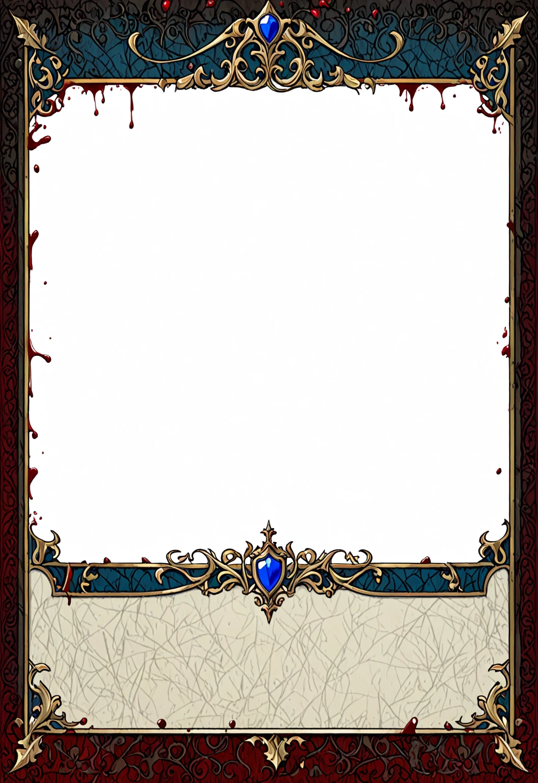 A card border UI，Medieval European aristocracy design，Dark Style，There are blood stains on the parchment backing.。