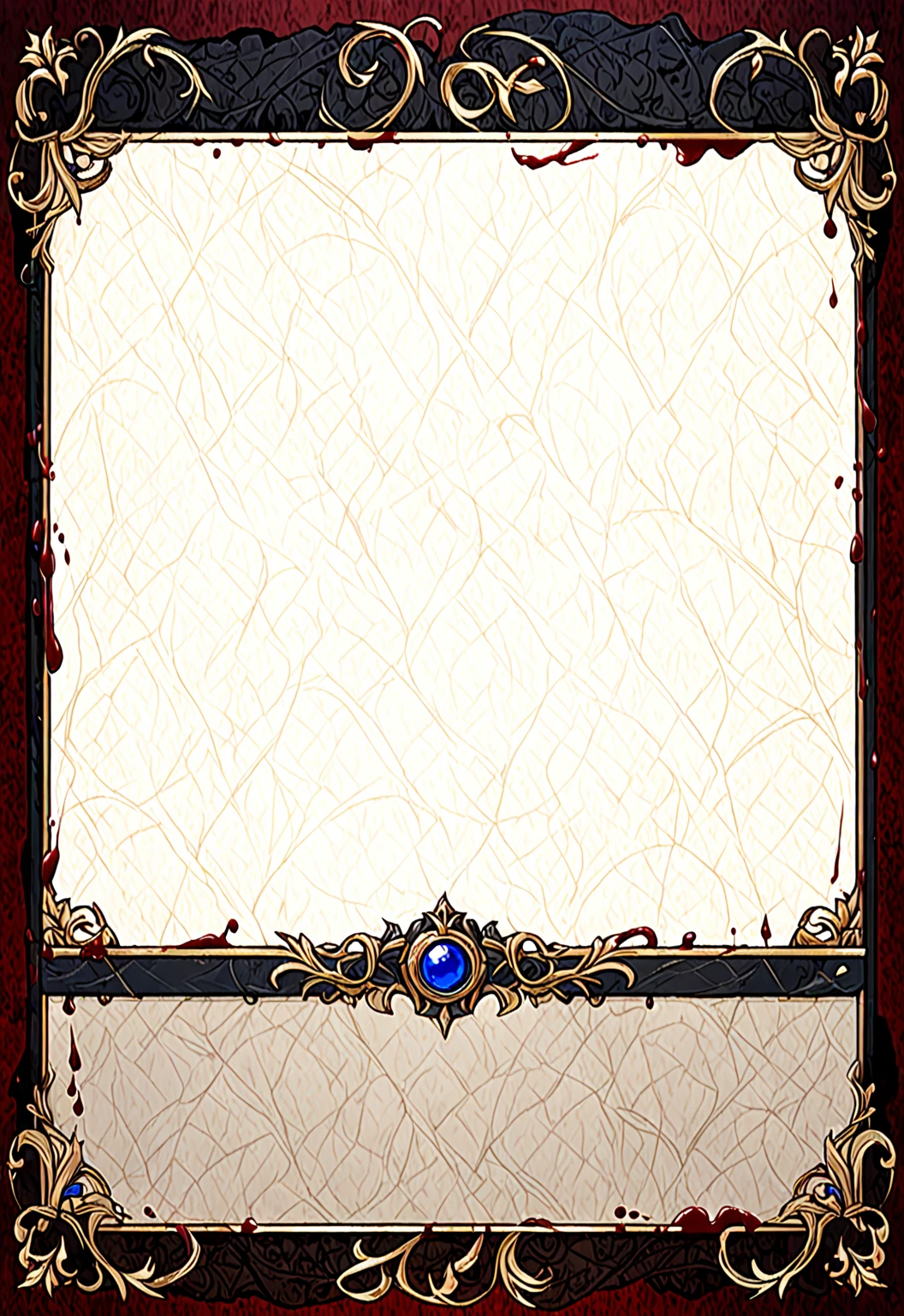 A card border UI,Medieval European aristocracy design,Dark Style,There are blood stains on the parchment backing.。