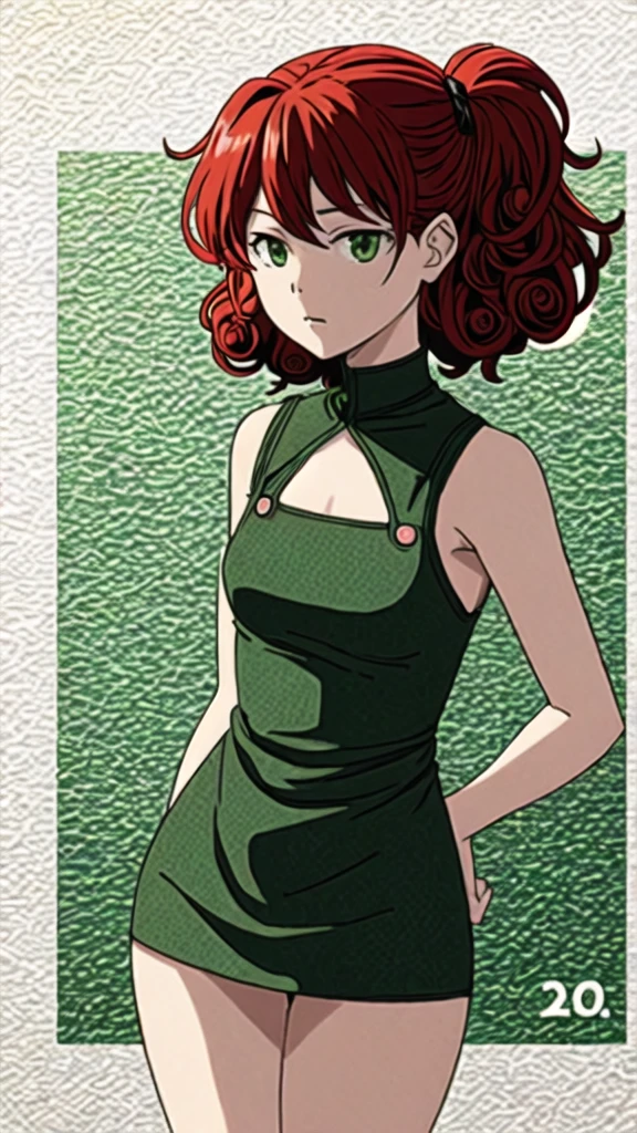 design of a girl with curly red hair, green eyes