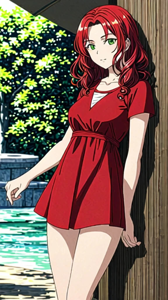 design of a girl with curly red hair, green eyes