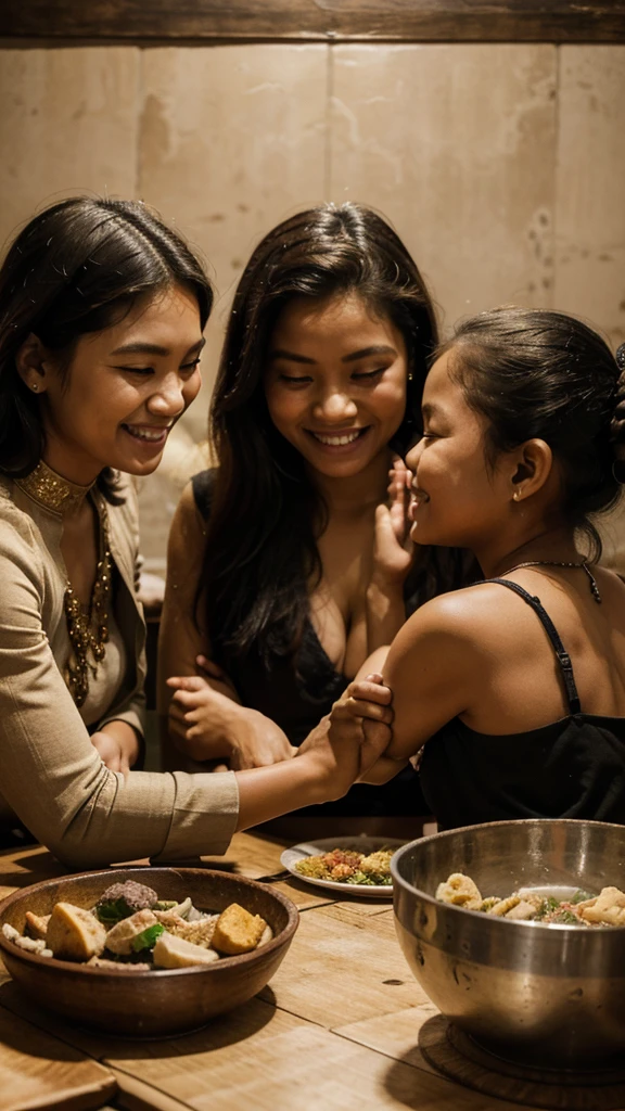 
A smiling ancient Indonesian Javanese family sits together around a dining table filled with various dishes. Father, mother and two children sat close together with warm and loving expressions. They looked at each other happily, reflecting their strong and harmonious family ties. The cozy dining room background with soft lights adds warmth to this family moment, showing affection and cooperation in daily life.very real, high resolution, 8k resolution, intricate details