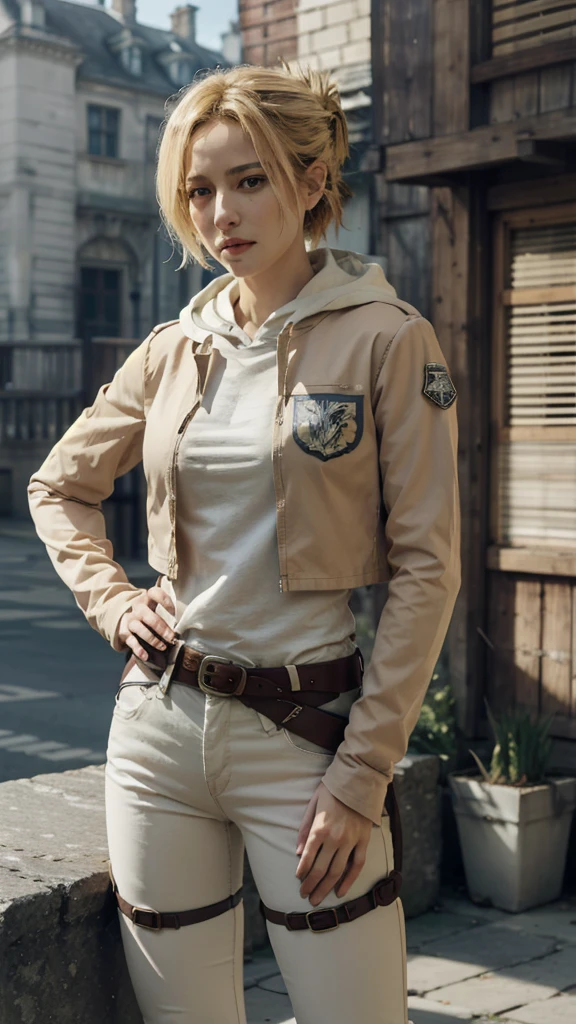 (bestquality,masterpiece), AnnieAOT, solo, hood, hoodie, paradis_military_uniform, jacket, uniform, emblem, feathers, upper body, thigh, hands on hip, emblem, belt, thigh strap, pants, white pants, boots, shirt, white shirt, collared shirt,