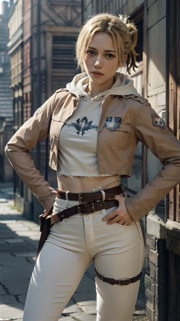 (bestquality,masterpiece), AnnieAOT, solo, hood, hoodie, paradis_military_uniform, jacket, uniform, emblem, feathers, upper body, thigh, hands on hip, emblem, belt, thigh strap, pants, white pants, boots, shirt, white shirt, collared shirt,