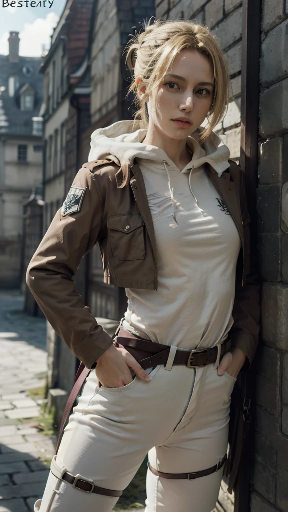 (bestquality,masterpiece), AnnieAOT, solo, hood, hoodie, paradis_military_uniform, jacket, uniform, emblem, feathers, upper body, thigh, hands on hip, emblem, belt, thigh strap, pants, white pants, boots, shirt, white shirt, collared shirt,