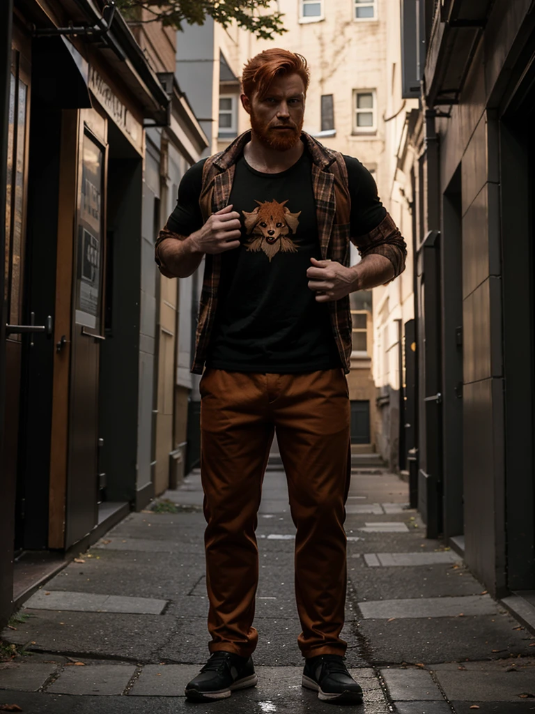 A full body view of a ginger male werewolf wearing clothes that werewolves typically wear.