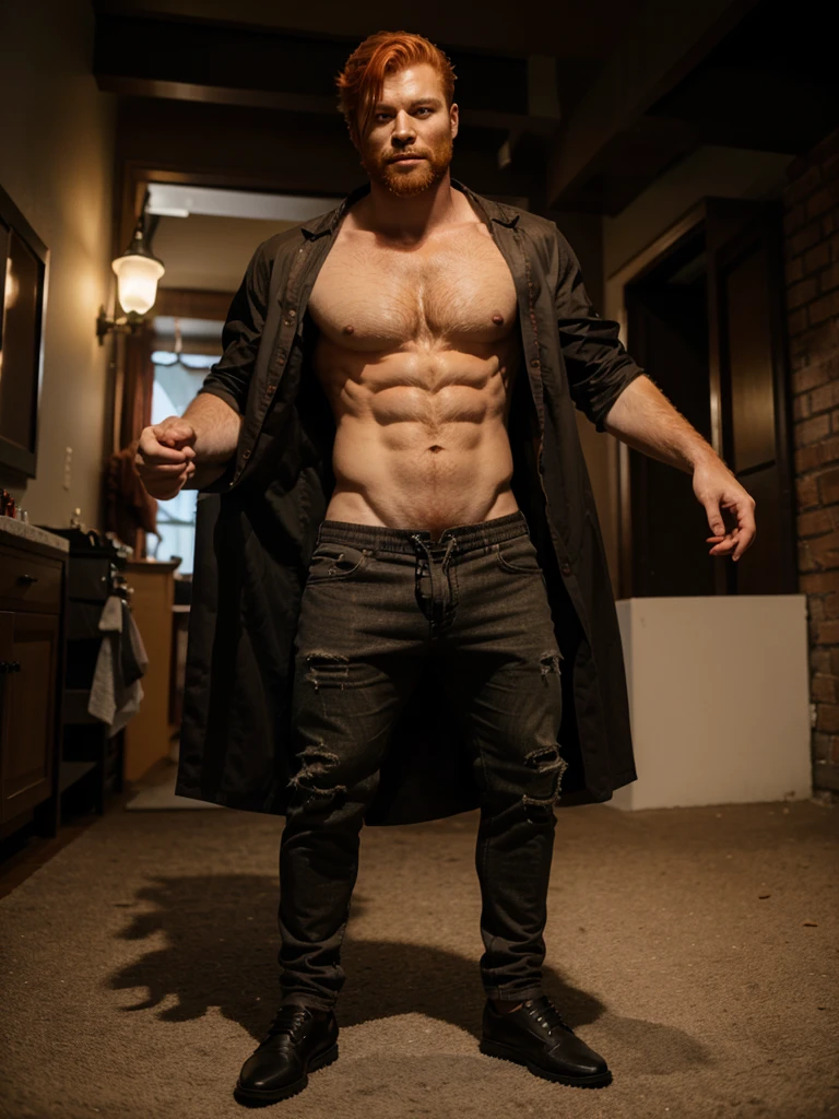 A full body view of a ginger male werewolf wearing clothes that werewolves typically wear.