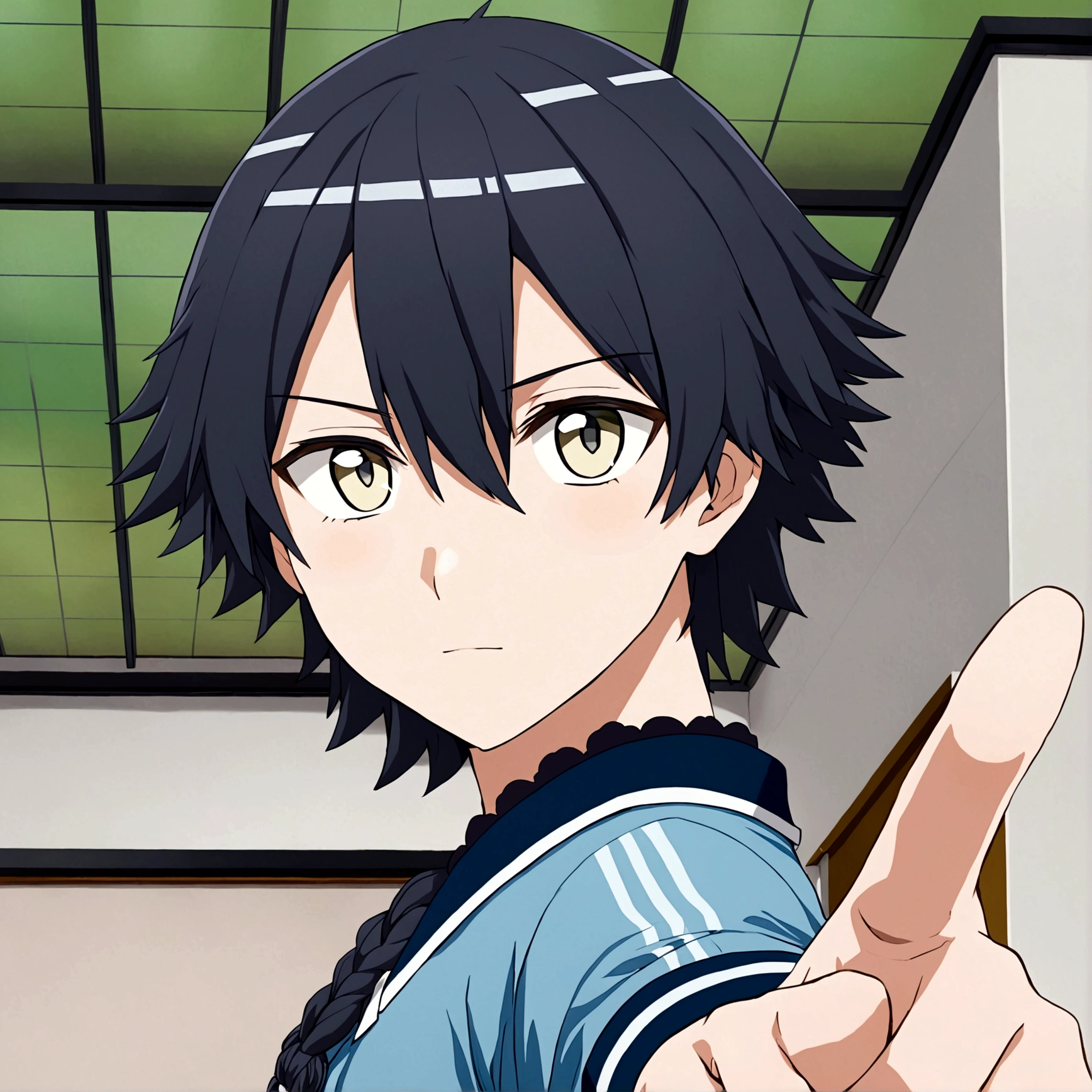 1 boy,Long hair,Black hair,braid,Looking at the audience,Male focus,Gray Eyes,单braid,solo,