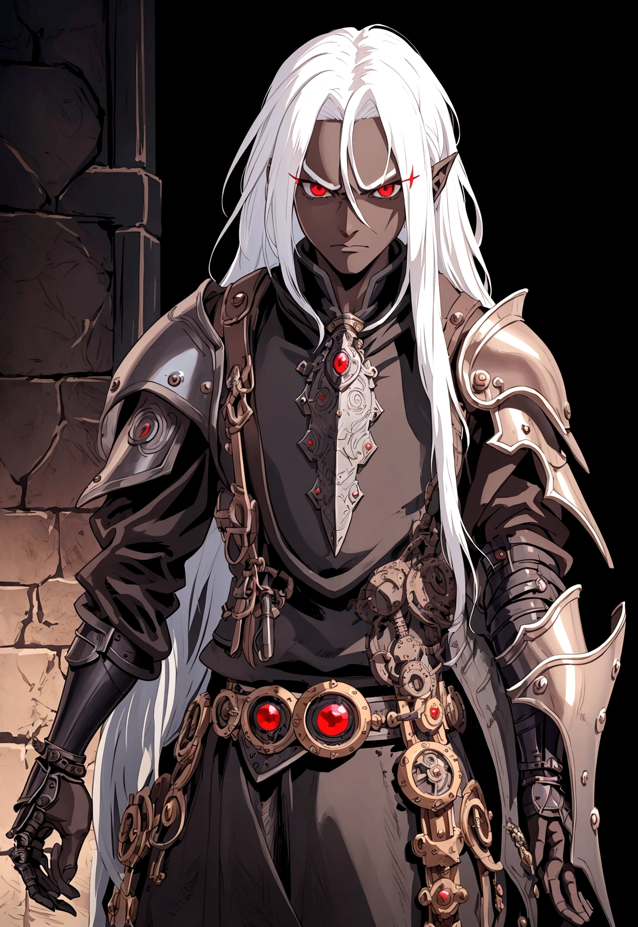 ((best quality)), ((masterpiece)), (detailed), ((boy)), (steampunk), (dungeonpunk), drow , red eyes, long white hair, Xemnas from Kingdom Hearts, half-drow, dark skinned, (full knight armor), paladin, serious face