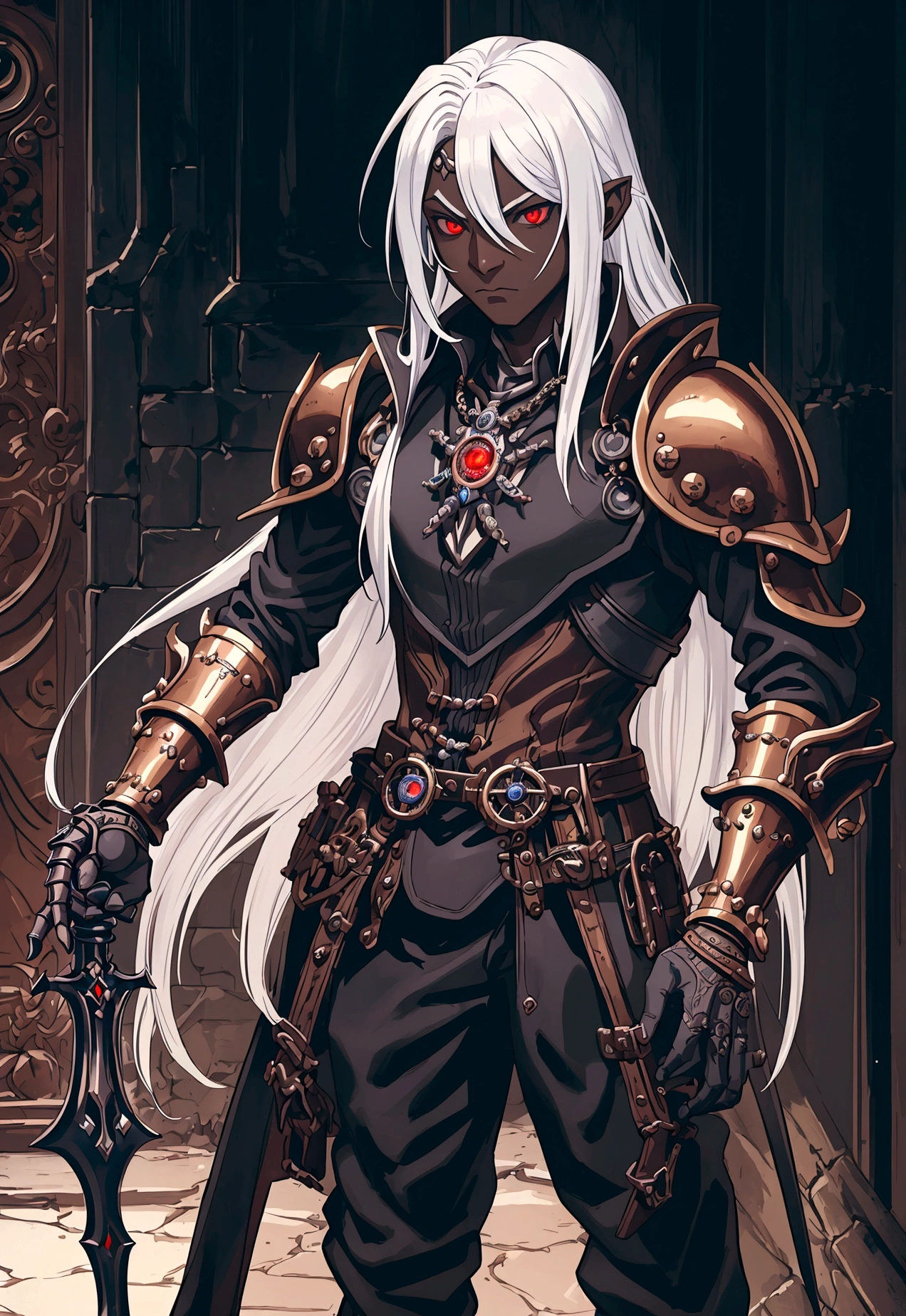 ((best quality)), ((masterpiece)), (detailed), ((boy)), (steampunk), (dungeonpunk), drow , red eyes, long white hair, Xemnas from Kingdom Hearts, half-drow, dark skinned, (full knight armor), paladin, serious face