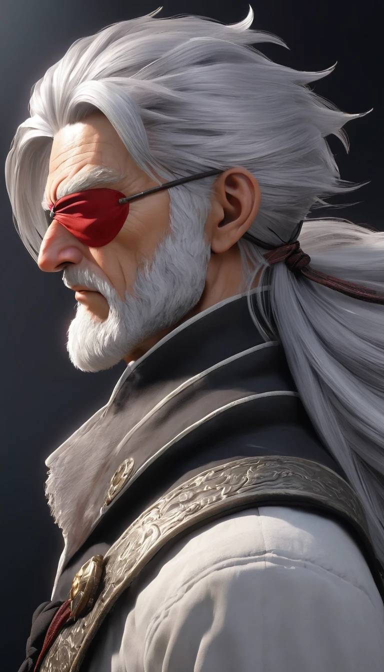 masterpiece, best quality, score_9, face only, from side, old man, silver hair, eyepatch,