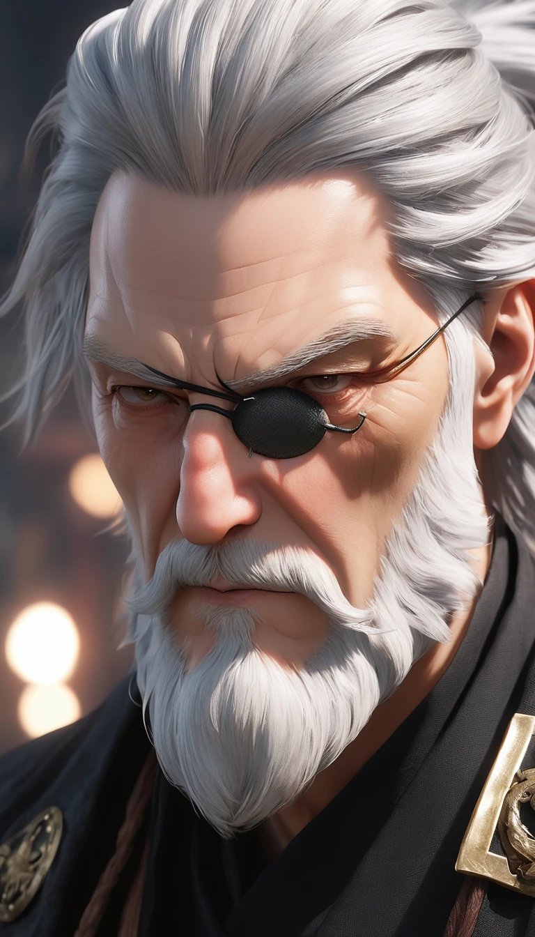 masterpiece, best quality, score_9, face only, from side, old man, silver hair, eyepatch,