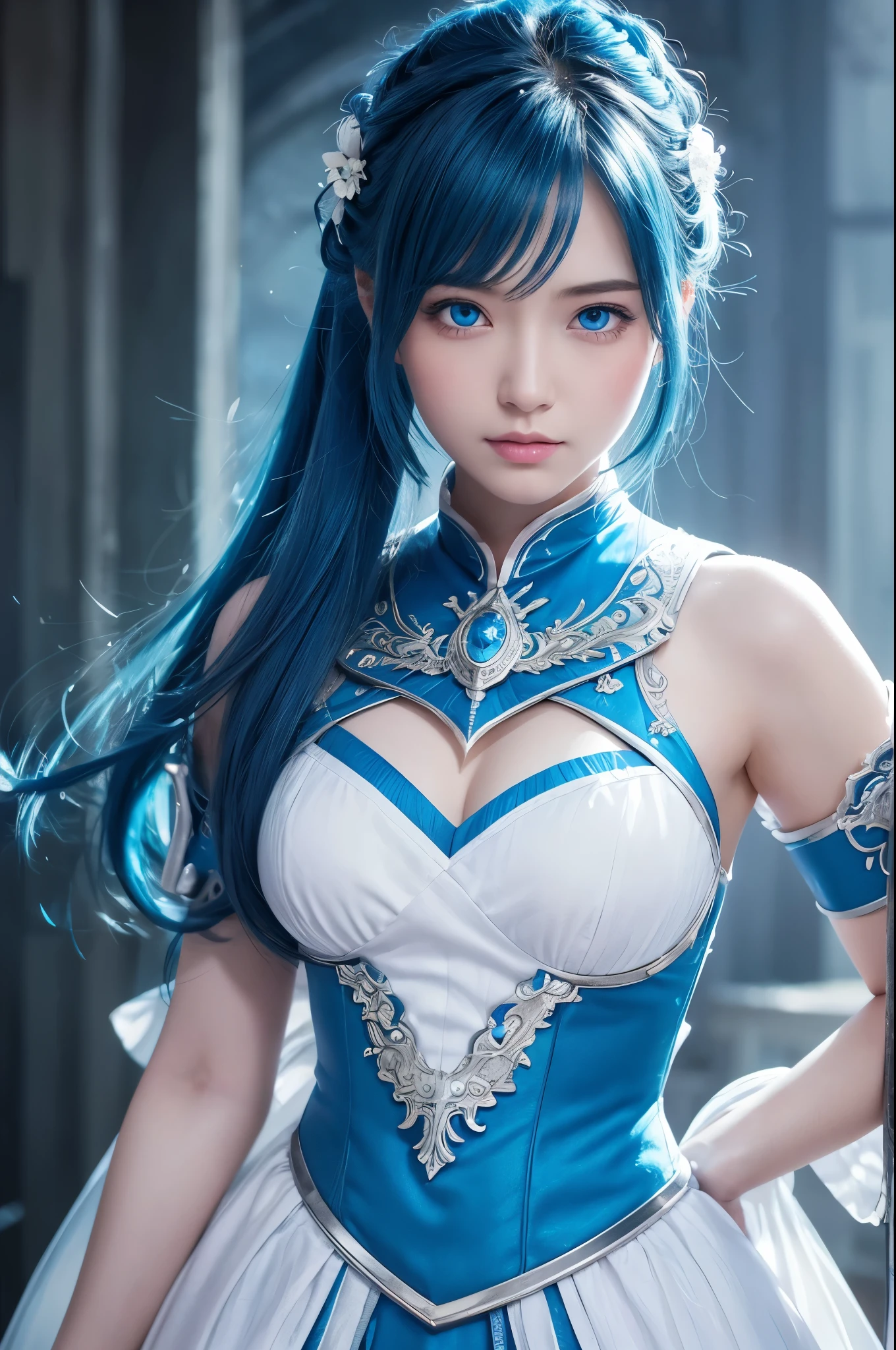 8k,Close-up of a woman in a blue and white dress、Draw your sword,Blue Hair, Super Beauty,(Like the real thing)blue eyes,ponytail,Chengwei Pan at Art Station、 By Yang Jo、 Detailed fantasy art、Amazing character art、 Fan Art Best Art Station、 Gorgeous and detailed character art、 Beautiful Armor、Highly detailed art gems、 Detailed digital animation art、 Art Station pixiv's artgerm、 Girl in armor,Dynamic Angle,Ultra-high resolution,Laugh out loud,Realistic Skin,attractive,Sexy,Active,Rich colors, Backlight, Cinema Lighting, Film Grain, 50mm lens, Nikon D850,Ultra-high resolution,Ultra-realistic,compensate,Super sexy,Big eyes,Beautiful breasts,Dynamic pose,