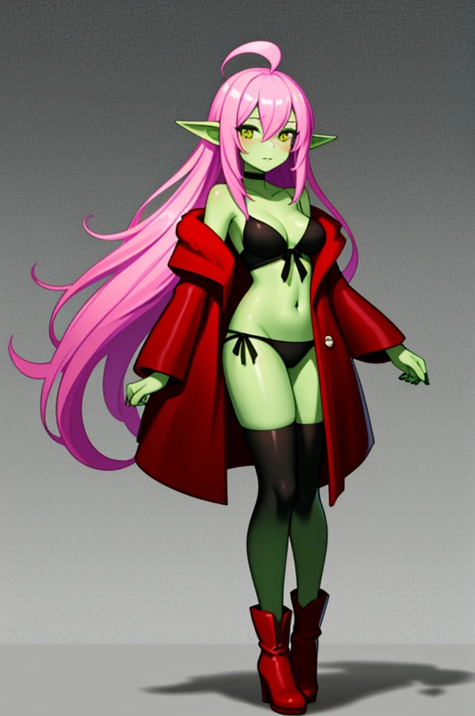 1 girl, small, goblin girl, female goblin, goblin, green skin, large ears, fur-trimmed clothes, full body, tall body, tall, long legs, mature female, mature, adult, underwear, black panties, pink hair, black nails, solo, striped, ahoge, panties, thighhighs, nail polish, long sleeves, navel, looking at viewer, single thighhigh, asymmetrical legwear, hair between eyes, boots, red footwear, bangs, side-tie panties, very long hair, collarbone, small breasts, breasts, midriff, striped thighhighs