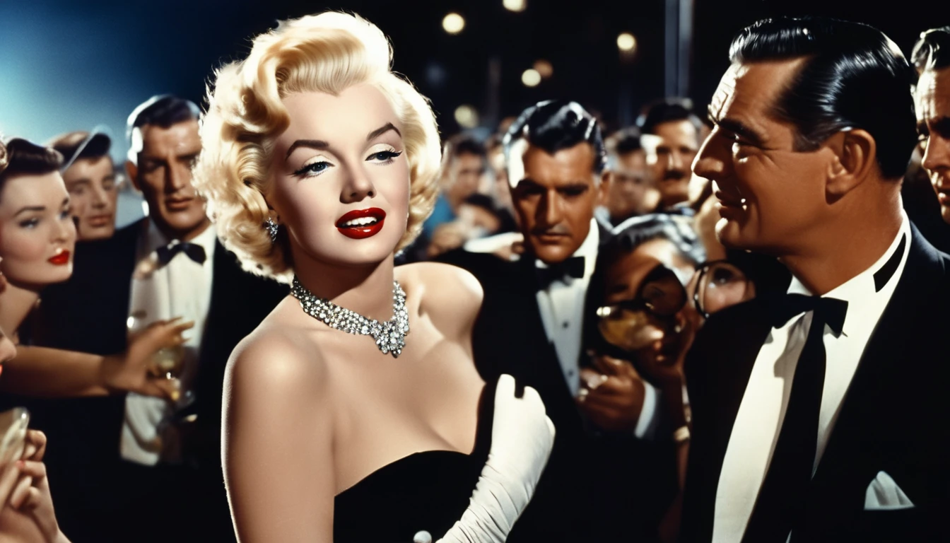 a vintage film still of Marilyn Monroe with makeup looking at Clark Gable with glasses and clean shaving outside a hollywood matinee at night surrounded by a big crowd of photographers,  glamorous composition, film still, champagne commercial, inspired by George Hurrell, steven meisel photography, very realistic film still, color