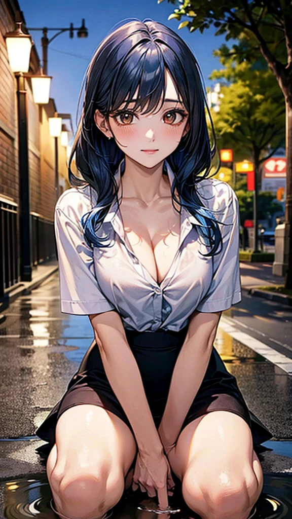 ((Highest quality)), ((High resolution)), ((masterpiece)), ((detailed)), Japanese, One mature woman, Beautiful Face, Beautiful details, Beautiful Hair, Blue Hair, Chestnut brown eyes, Beautiful clavicle, Beautiful body, 美しいThighs, (Thighs:0.8), Beautiful legs, Beautiful Hands, Cleavage, (Collared shirt, mini skirt), (Peeing), Pee stains, Puddle, evening, Street lamp, street tree, Beautiful views,