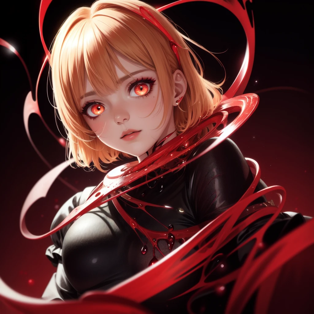 cat eyes, black red clothes, red glowing blood dripped roses, glowing flower feathers in her hair and eyes, glowing hearts circling her and a man, close up of upper body!!!!!, short hair, glistening makeup eyeliner eyes, wearing magical princess clothes, glowing blonde hair, glowing rainbow hair, roses pinned around her, slutty, gems, detailed portrait, anime girl wrapped in vines, glowing clothes, dripped out, random colors, detailed portrait, close up, close up of upper body!!! Space background with melting liquid, close up of face, detailed eyes