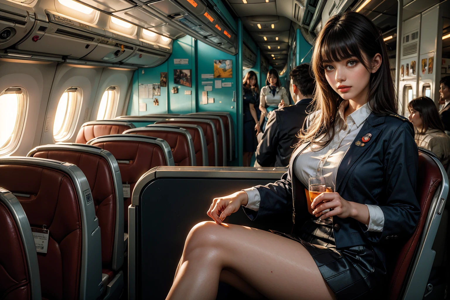 (masterpiece, top quality, best quality, official art, beautiful and aesthetic:1.4), hdr, high contrast, wideshot, 1girl, bun black hair with bangs, light smile, clearly brown eyes, soft lightly make up, ombre lips, hourglass body, large breast, (stewardess theme:1.5), finger detailed, background detailed, ambient lighting, extreme detailed, cinematic shot, realistic ilustration, (soothing tones:1.3), (hyperdetailed:1.2), crop skirt, very seductive uniform, curvy pose, lean forthward