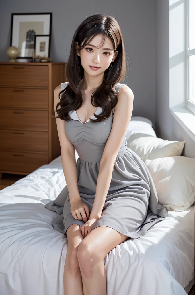 (Highest quality:1.9)、(High resolution)、Live-action image quality、((Neat and clean female college student、1 person))、Soft lighting by a professional photographer、Natural light、((Very spacious white luxurious room:1.6))、((Bright white room:1.6))、(Sitting on a very luxurious white bed:1.2)、(White Bookcase:1.1)、Natural soft light、((Brown Hair:1.1))、Fair skin、Detailed Eyes、double eyelid、Slightly puffy cheeks、((Small Face:1.0))、((Grey dress、Please wear it with the chest open.:1.8))、Live-action image quality、(I don't make bangs:1.8)、F cup big breasts、Cleavage、(smile)、((Girly pose 1.8))、((Long hair without bangs:1.5))、((Full Body Shot:1.2))、((Height: 150cm))、Hands in front、Hide your hands between your legs、((Hairstyle that exposes the forehead:1.8))、
