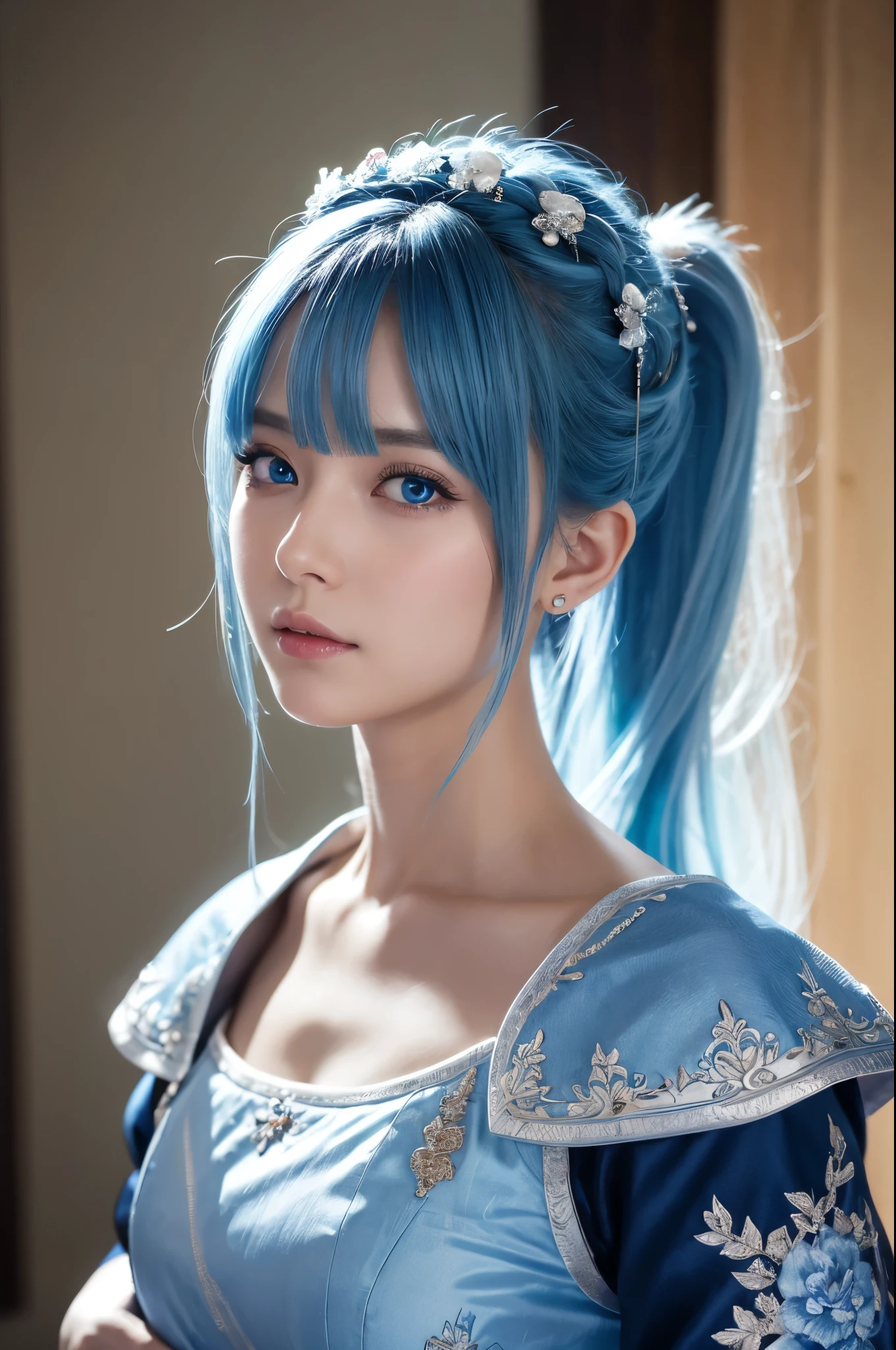 8k,Close-up of a woman in a blue and white dress、Draw your sword,Blue Hair, Super Beauty,(Like the real thing)blue eyes,ponytail,Chengwei Pan at Art Station、 By Yang Jo、 Detailed fantasy art、Amazing character art、 Fan Art Best Art Station、 Gorgeous and detailed character art、 Beautiful Armor、Highly detailed art gems、 Detailed digital animation art、 Art Station pixiv&#39;s artgerm、 Girl in armor,Dynamic Angle,Ultra-high resolution,Laugh out loud,Realistic Skin,attractive,Sexy,Active,Rich colors, Backlight, Cinema Lighting, Film Grain, 50mm lens, Nikon D850,Ultra-high resolution,Ultra-realistic,compensate,Super sexy,Big eyes,Beautiful breasts,Dynamic pose,