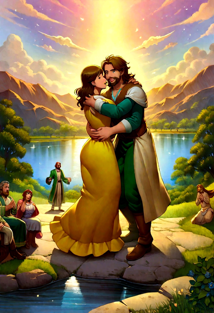 Jesus is talking to a woman by a lake, Greg Olsen, jesus hugging a woman, bela cena, O Senhor e Salvador, bible illustration, Nicodemos, conversando calmamente 8k, jesus, filme animado, the most bela cena, cena maravilhosa, Imagem bonita, a partir de 8k fosco, Incrivelmente bonito, Jesus Cristo, Christian art, Inacreditavelmente lindo, o filme
