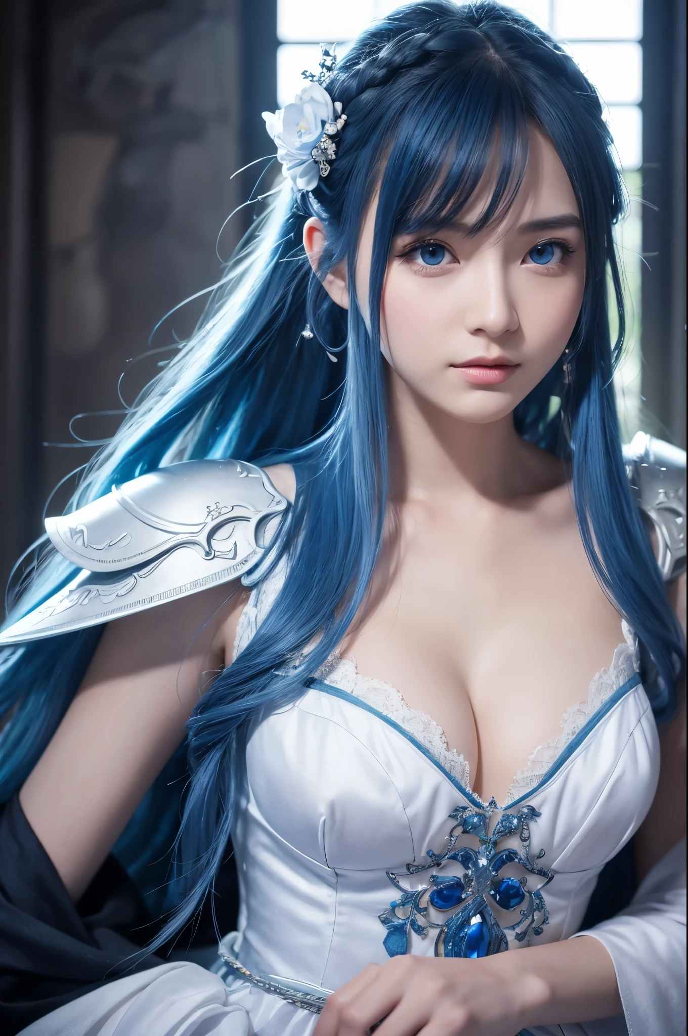 8k,Close-up of a woman in a blue and white dress、Draw your sword,Blue Hair, Super Beauty,(Like the real thing)blue eyes,ponytail,Chengwei Pan at Art Station、 By Yang Jo、 Detailed fantasy art、Amazing character art、 Fan Art Best Art Station、 Gorgeous and detailed character art、 Beautiful Armor、Highly detailed art gems、 Detailed digital animation art、 Art Station pixiv's artgerm、 Girl in armor,Dynamic Angle,Ultra-high resolution,Laugh out loud,Realistic Skin,attractive,Sexy,Active,Rich colors, Backlight, Cinema Lighting, Film Grain, 50mm lens, Nikon D850,Ultra-high resolution,Ultra-realistic,compensate,Super sexy,Big eyes,Beautiful breasts,Dynamic pose,