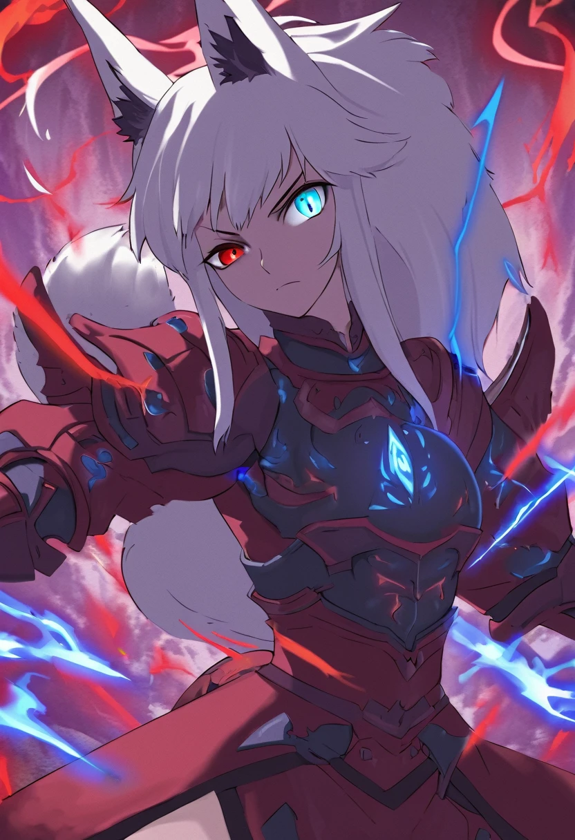a beautiful blue and black kitsune, detailed portrait, intricate details, elegant, sensual, 1girl, long white hair, long white tail, heterochromia(one blue eye,one red eye), wearing armor, attacking pose, eyes, surrounded by blue energy, one eye glowing intensely, behind her would be a huge dark red energy ball, serious and fierce expression, standing with a large katana behind her surrounded by red and blue lightning, detailed eyes and face,longeyelashes,vivid colors, anime style