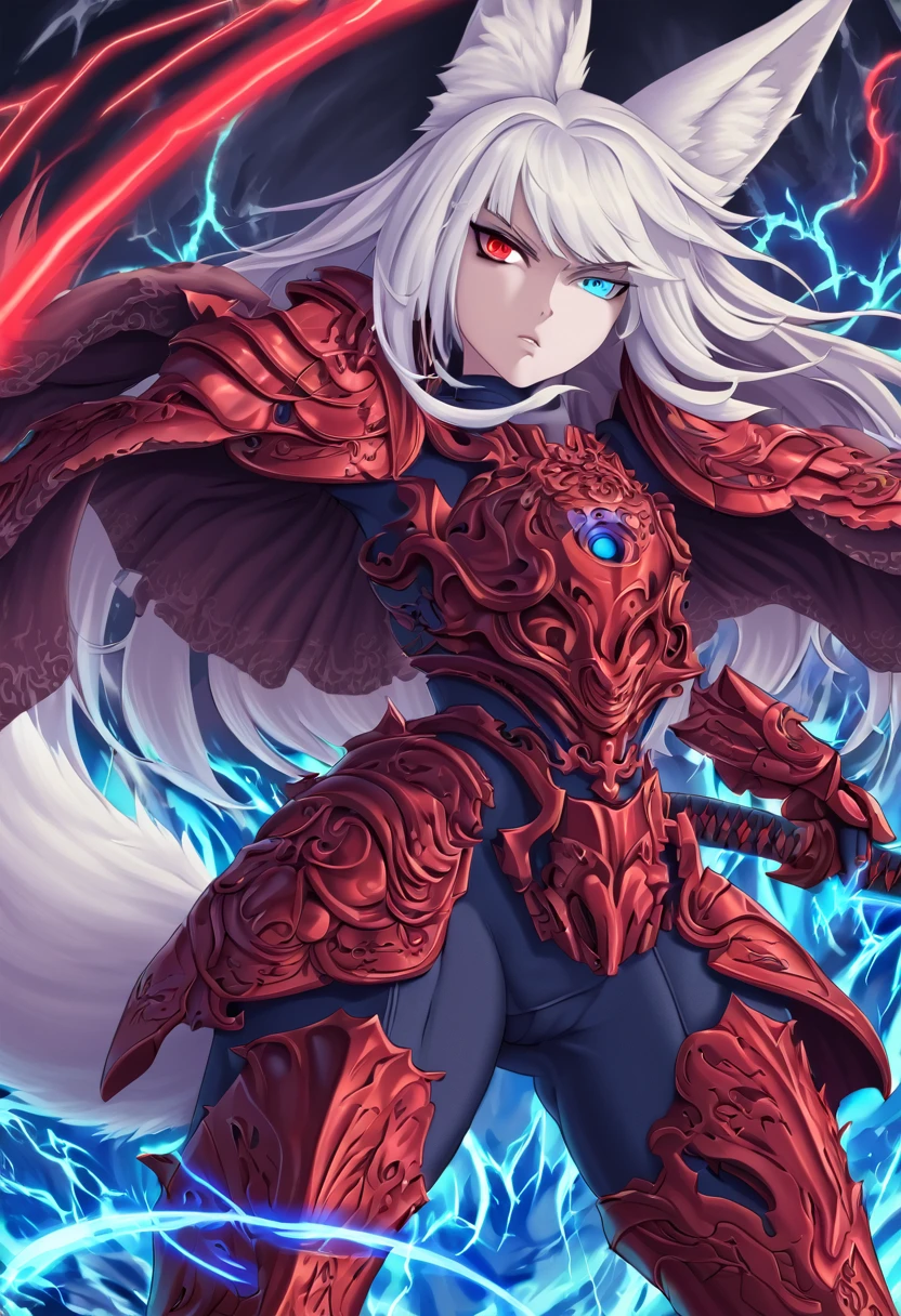a beautiful blue and black kitsune, detailed portrait, intricate details, elegant, sensual, 1girl, long white hair, long white tail, heterochromia(one blue eye,one red eye), wearing armor, attacking pose, eyes, surrounded by blue energy, one eye glowing intensely, behind her would be a huge dark red energy ball, serious and fierce expression, standing with a large katana behind her surrounded by red and blue lightning, detailed eyes and face,longeyelashes,vivid colors, anime style