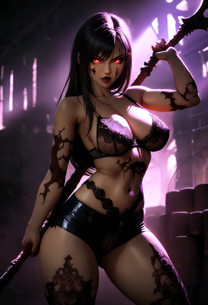 girl, rotting zombie warrior, tifa, evil look, sexy,  wielding a spear, sheer lace bra, medium saggy breasts, demonic lace panty shorts, pubic hair, curvy hips, facepaint, bodypaint, glowing eyes, combat stance, vibrant appearance, creative sexual behavior, imaginative, sensual, spontaneous, highest quality, skin texture, demon infested war backdrop, intricate details, (cinematic lighting), RAW photo, 8k