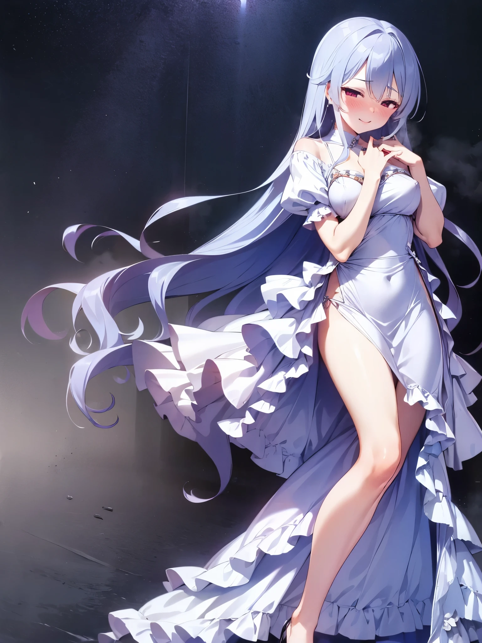 NSFW,Kazuki Kazami、Silver Hair、Long Hair、Red Eye、(Quality long dresses:1.5),(Perfect hands),(Perfect Anatomy),(masterpiece),(Highest quality),Embarrassed,blush