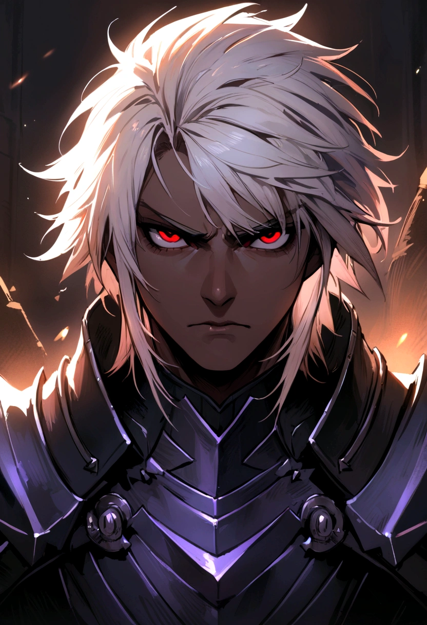 ((best quality)), ((masterpiece)), (detailed), ((boy)),, (dungeonpunk), half-drow , portrait, red eyes, long white hair, Xemnas from Kingdom Hearts, half-drow, purple brown skinned, (full knight armor), paladin, serious face