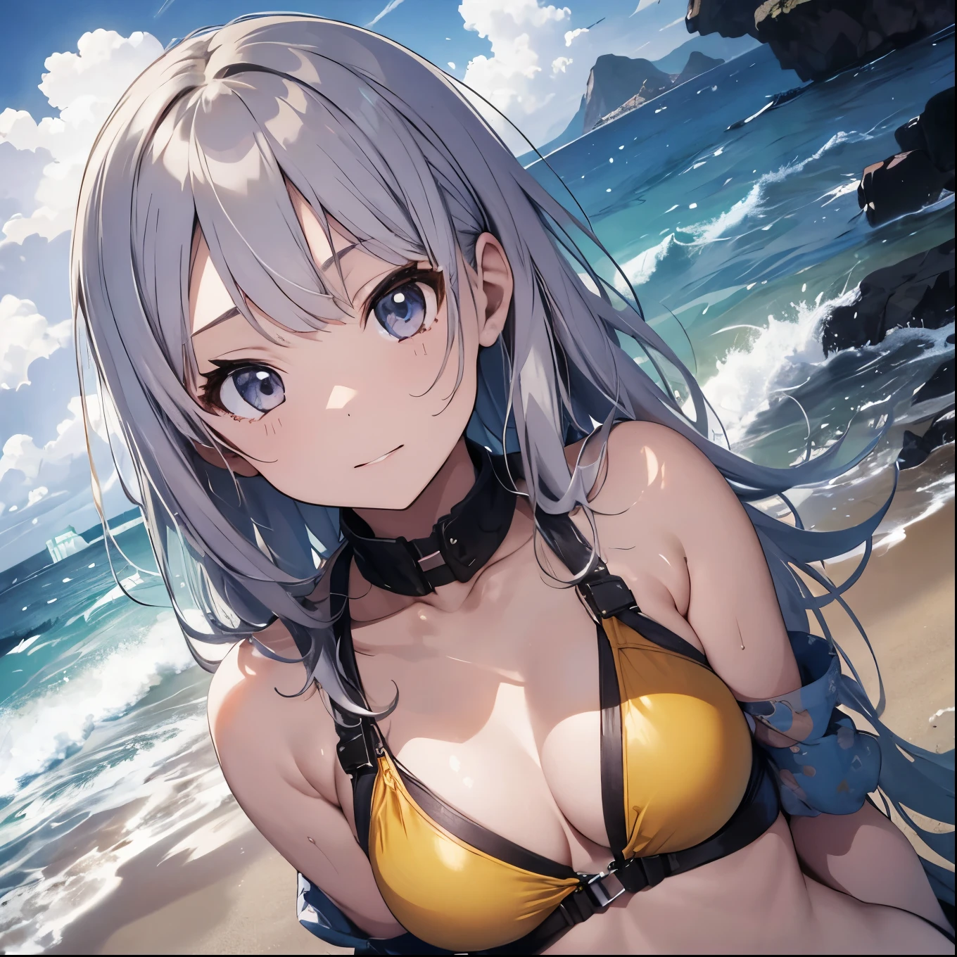 Silver-haired girl drawn in high resolution Japanese anime style、whole body、Women in yellow bikinis taking photos on a deserted beach, model bikini, , Young and cute gravure idol, Posing together in a bra, Russian and Japanese mix, sakimichan, Asian woman, Wear a swimsuit, that'that'that'that'that'that'that'that'that'that'that'that'that'that'that'that'that'that'It's hot with the shining sun, Japanese Model, Cute Core, sakimichan HDRI, Young Gravure Idol, Chubby