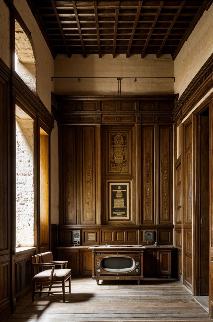 Sala antigua con sillon de madera (Year 1940) y una mesa a un lado con un radio rectangular antiguo encima