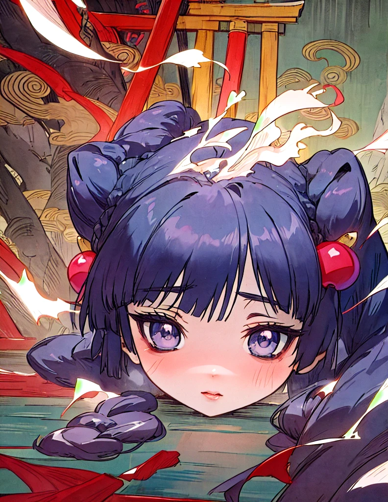 a woman, black long hair, manga style by Torii Kiyomasu, old chinese temple background, anime aesthetic, official anime art, highly detailed, 8k, photorealistic, masterpiece, dramatic lighting, beautiful detailed eyes, beautiful detailed lips, extremely detailed face, long eyelashes, elegant pose, dynamic composition, hanfu, chinese, skinny, some beads and small braids in hair