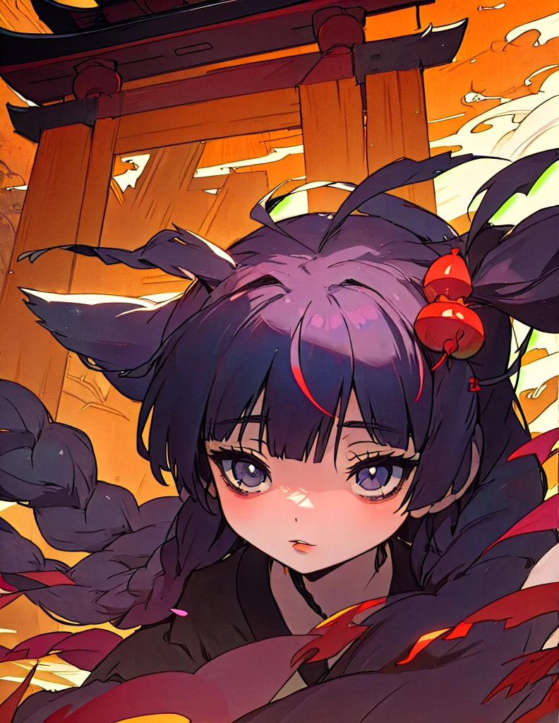 a woman, black long hair, manga style by Torii Kiyomasu, old chinese temple background, anime aesthetic, official anime art, highly detailed, 8k, photorealistic, masterpiece, dramatic lighting, beautiful detailed eyes, beautiful detailed lips, extremely detailed face, long eyelashes, elegant pose, dynamic composition, hanfu, chinese, skinny, some beads and small braids in hair