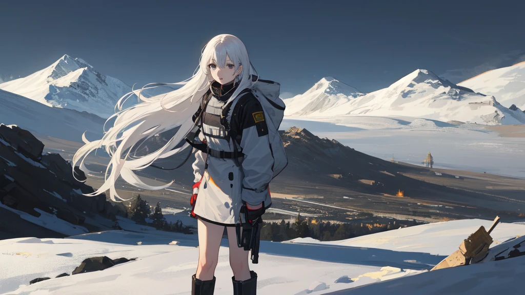 masterpiece:1.2), best quality , solo ,pixiv, anime girl ，long straight white hair , black eyes ,Wearing off-white camouflage uniform ,ten years old，battlefield，Standing in the snowy mountains，(Eyes looking into the distance:1.3)，There is a flame burning beside you，(look away:1.5)，snowy weather，The girl stands among the deserted snowy mountains，blood on forehead，dirty face，Background mixed with metal fragments:1.2，Backlight，Black lake in the background，Stand on a glacier，Bare rocky peaks , Scrap metal on the snow，The expression is sad
