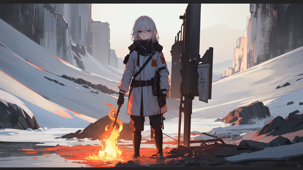 masterpiece:1.2), best quality , solo ,pixiv, anime girl ,long straight white hair , black eyes ,Wearing off-white camouflage uniform ,ten years old,battlefield,Standing in the snowy mountains,(Eyes looking into the distance:1.3),There is a flame burning beside you,(look away:1.5),snowy weather,The girl stands among the deserted snowy mountains,blood on forehead,dirty face,Background mixed with metal fragments:1.2,Backlight,Black lake in the background,Stand on a glacier,Bare rocky peaks , Scrap metal on the snow,The expression is sad