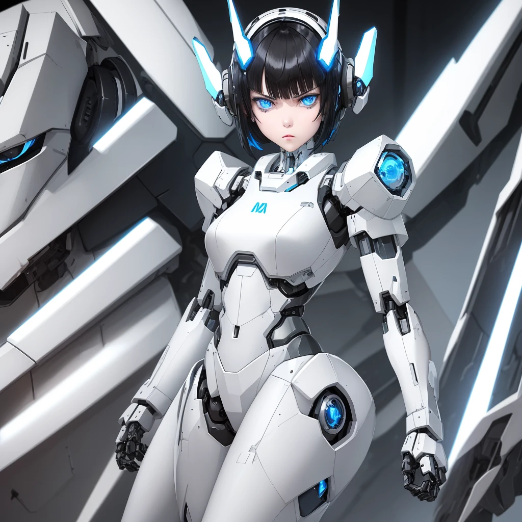 a girl with a full white cyborg body, featuring sleek and high-tech components. She has beautiful short black hair and bangs, blue eyes, and an angry expression. with her polished mechanical limbs and torso emphasizing her intense emotions. ((white robot mecha headgear)), ((white cyborg body)), headband