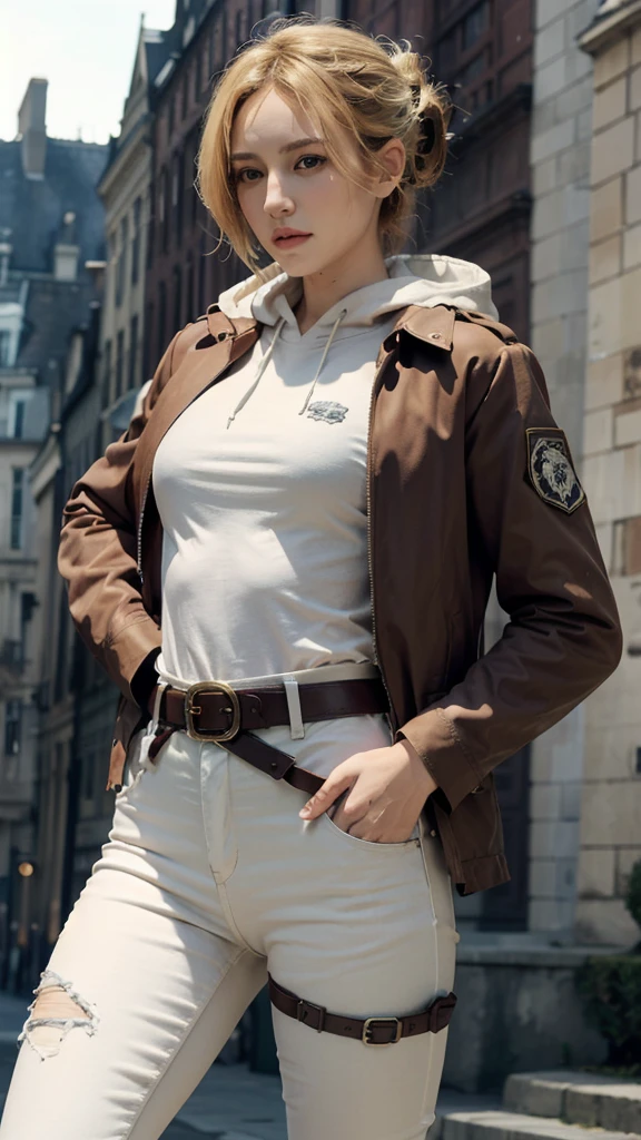 (bestquality,masterpiece), AnnieAOT, solo, hood, hoodie, paradis_military_uniform, jacket, uniform, emblem, feathers, upper body, thigh, hands on hip, emblem, belt, thigh strap, pants, white pants, boots, shirt, white shirt, collared shirt,
