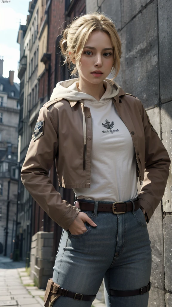 (bestquality,masterpiece), AnnieAOT, solo, hood, hoodie, paradis_military_uniform, jacket, uniform, emblem, feathers, upper body, thigh, hands on hip, emblem, belt, thigh strap, pants, white pants, boots, shirt, white shirt, collared shirt,