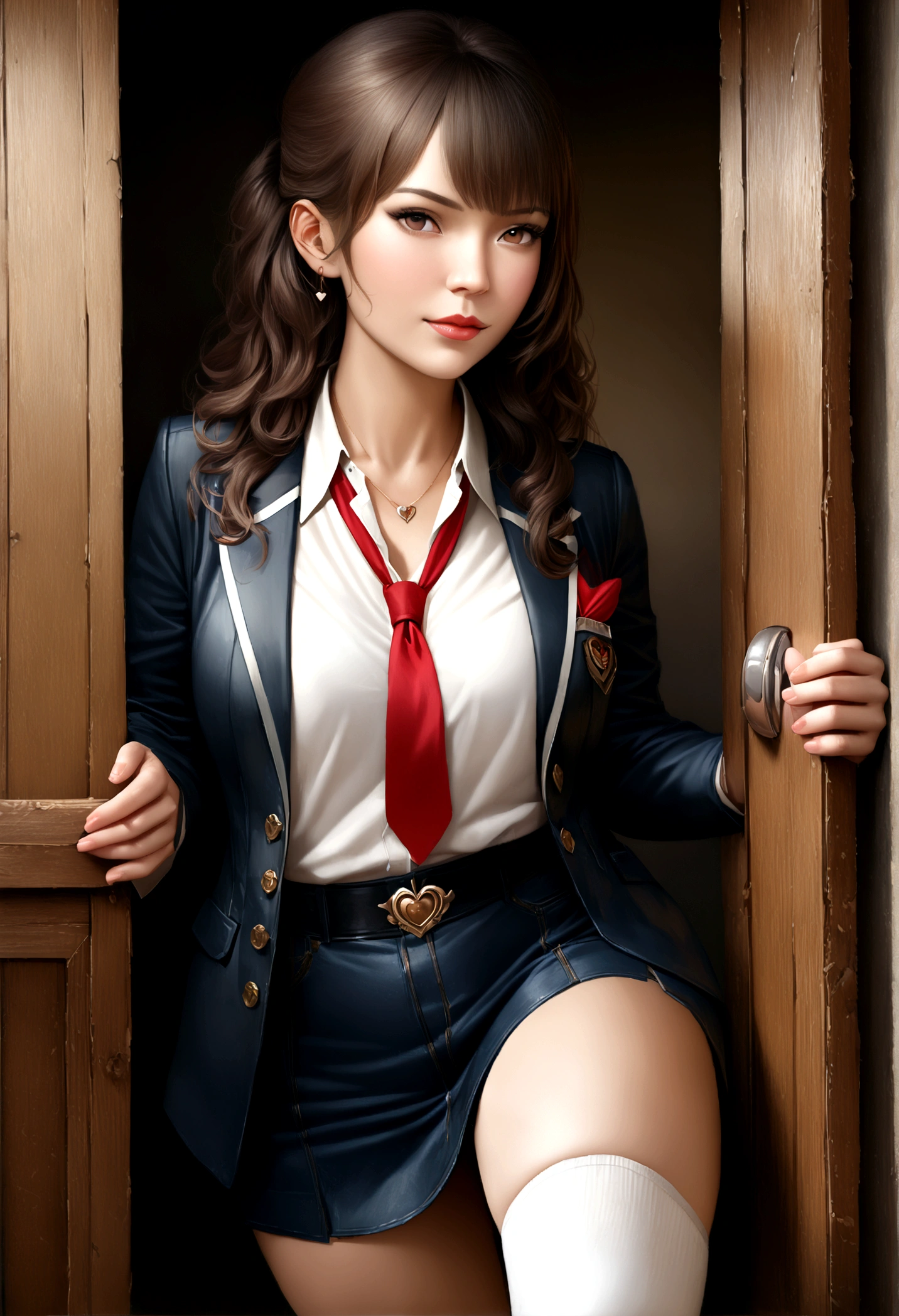 detailed portrait of a beautiful girl wearing a white shirt, red tie, dark blue suit jacket, dark blue miniskirt, white thigh-high socks, and a heart-shaped pendant, (best quality,4k,8k,highres,masterpiece:1.2),ultra-detailed,(realistic,photorealistic,photo-realistic:1.37),