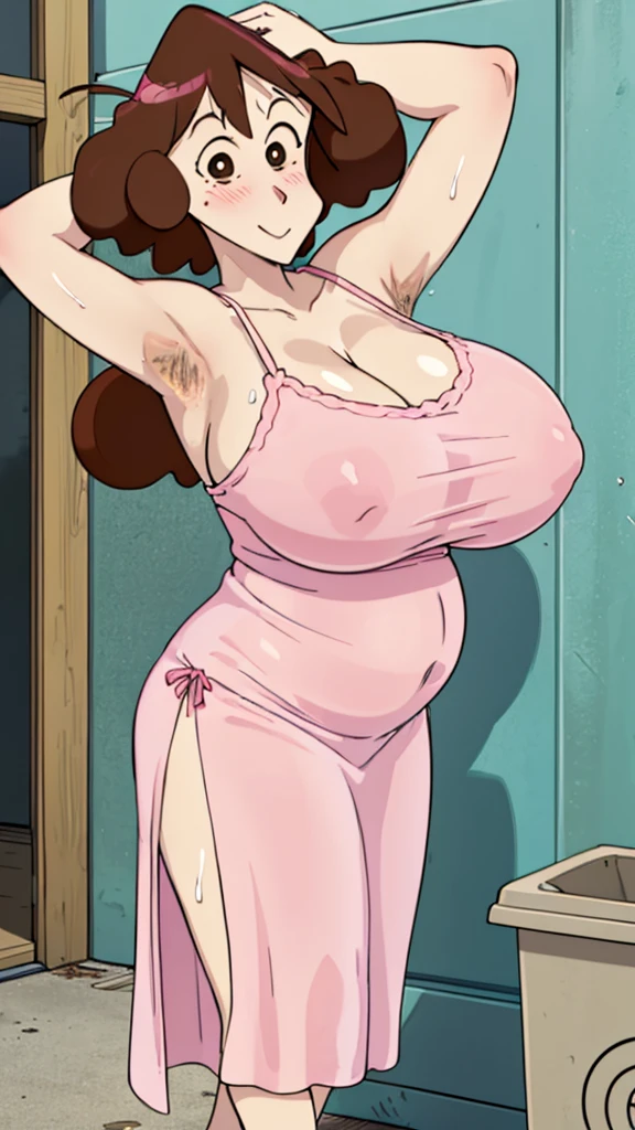 Misae Nohara, (Auntie:1.5), (Mature Woman:1.5), (absurderes, 8K, 4K, masutepiece, hyper extreme detailed:1.2), Best Quality, Perfect Anatomy,Perfect face,High humidity, (Huge breasts:1.7), (A sheer pink nightgown:1.4), (Wet:1.2), (.Alley:1.3), Graffitied wall, Garbage can, Scattered trash, (alone:1.5), (Brown eyes:1.2), (Clothing is revealing:1.2), Exposed shoulders, Torn clothes, Are pregnant, Firm breasts, Upturned nipples, Showing cleavage, Mole on chest, (Thick armpit hair:1.4), (blush:1.2), A kind smile, relief, peace of mind, (maternal:1.3), (Gentle look:1.5), Smiling face, (Out:1.3), half closed eyes, naughty face