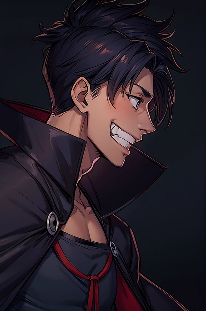 A 20-years-old man, Wearing ninja clothes. Wearing a black cape, Smiling, Anime style, (Side-view: 1.4).