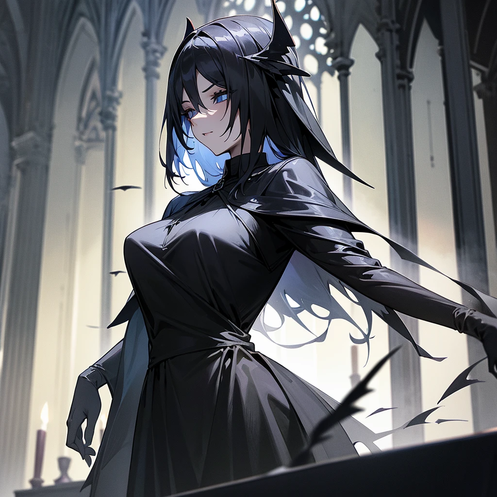 Black statue of Young woman with wings in big black dress, coal statue, made of coal, black wing, in big gothic church, evil, spooky, magic, epic