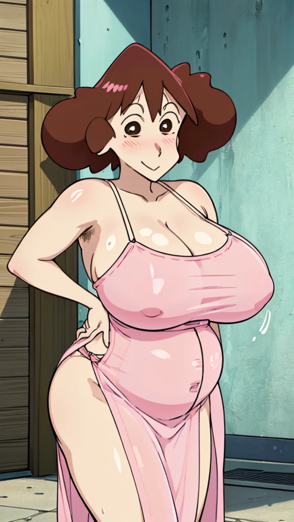 Misae Nohara, (Auntie:1.5), (Mature Woman:1.5), (absurderes, 8K, 4K, masutepiece, hyper extreme detailed:1.2), Best Quality, Perfect Anatomy,Perfect face,High humidity, (Huge breasts:1.7), (A sheer pink nightgown:1.4), (Wet:1.2), (.Alley:1.3), Graffitied wall, Garbage can, Scattered trash, (alone:1.5), (Brown eyes:1.2), (Clothing is revealing:1.2), Exposed shoulders, Torn clothes, Are pregnant, Firm breasts, Upturned nipples, Showing cleavage, Mole on chest, (Thick armpit hair:1.4), (blush:1.2), A kind smile, relief, peace of mind, (maternal:1.3), (Gentle look:1.5), Smiling face, (Out:1.3), half closed eyes, naughty face