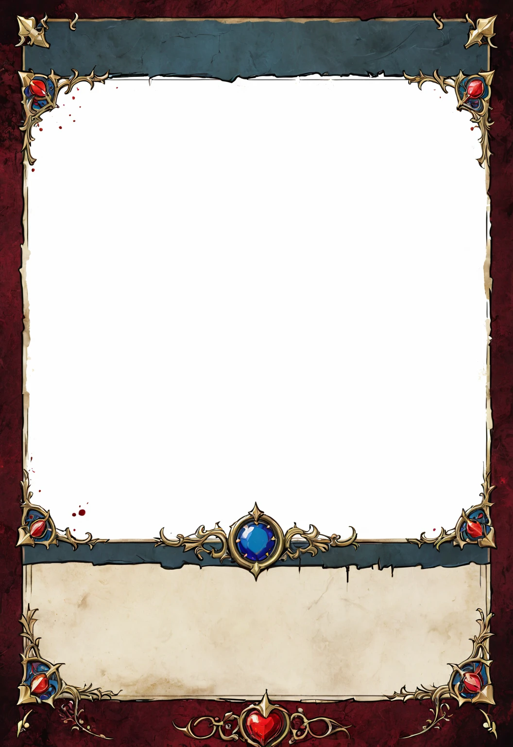 A card border UI，Medieval European aristocracy design，Dark Style，There are blood stains on the parchment backing.。