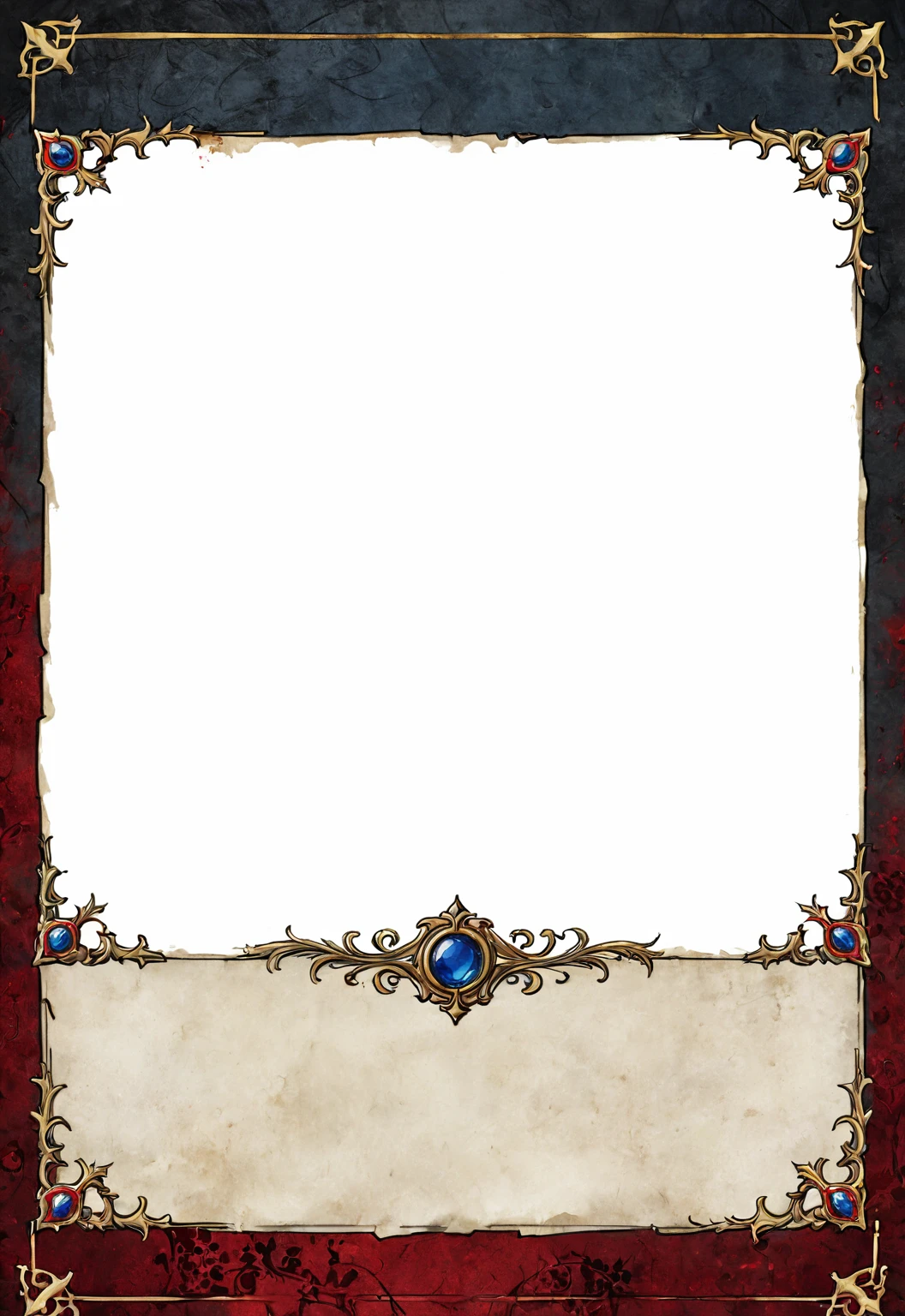 A card border UI,Medieval European aristocracy design,Dark Style,There are blood stains on the parchment backing.。
