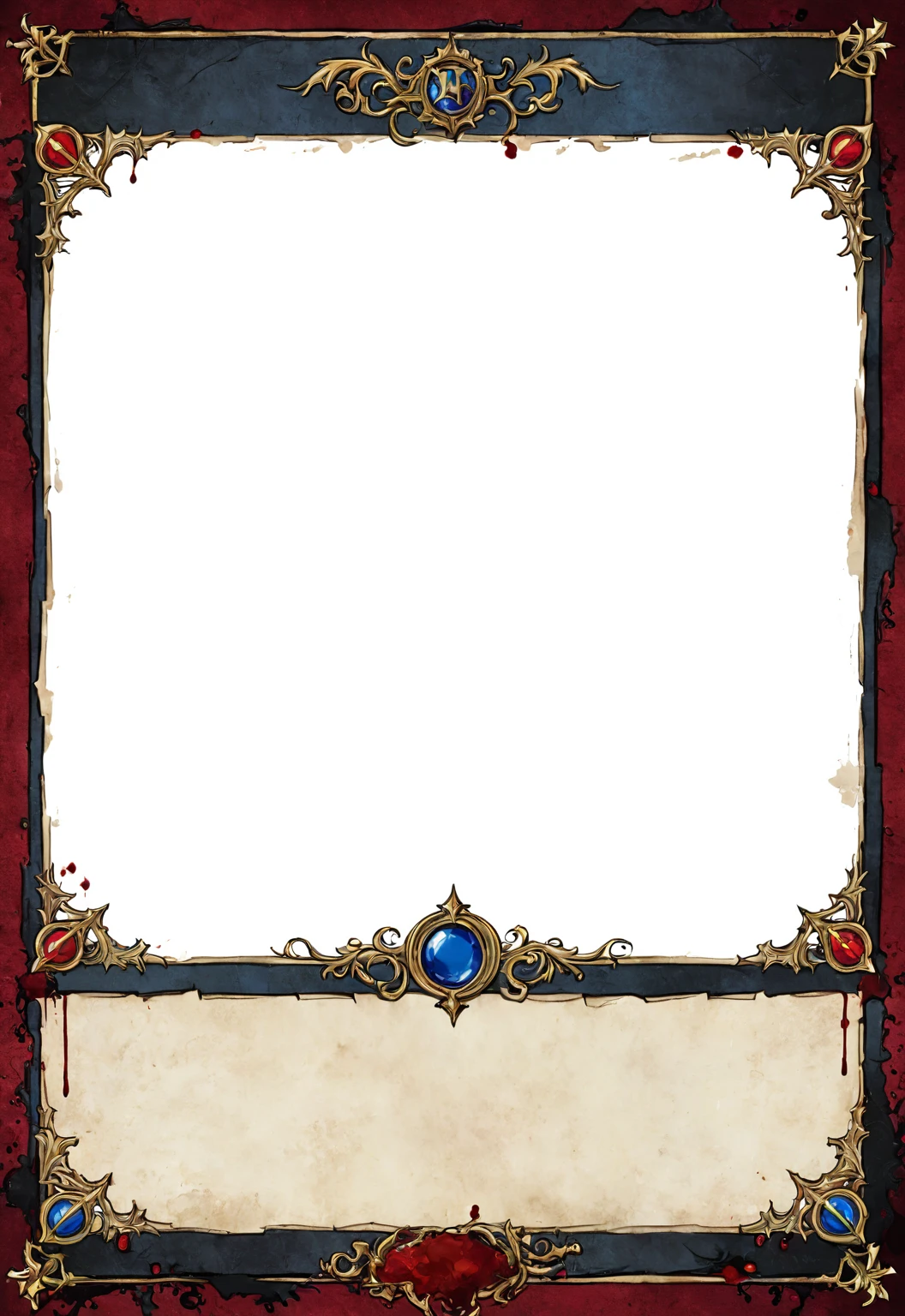 A card border UI，Medieval European aristocracy design，Dark Style，There are blood stains on the parchment backing.。