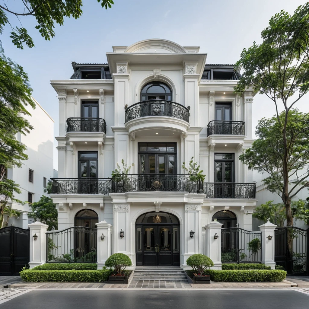 RAW photo,Exterior neo classic house, Inspired by French architecture, neo classic style, black and white, ((Highly detailed sculpted cornices at the tops of columns and walls)), French style roof, townhouse in residential area, The building is located in an urban area of Hanoi Vietnam, mix white and black steel facade, facing the road, (sidewalks), (sidewalk trees), (gate), (ultra realistic), (super high details:1.5), clean white sky, natural lighting, (curvilinear architecture:1.2), (sharpen:1.2), 8k uhd, dslr, soft lighting, high quality, film grain, Fujifilm XT3